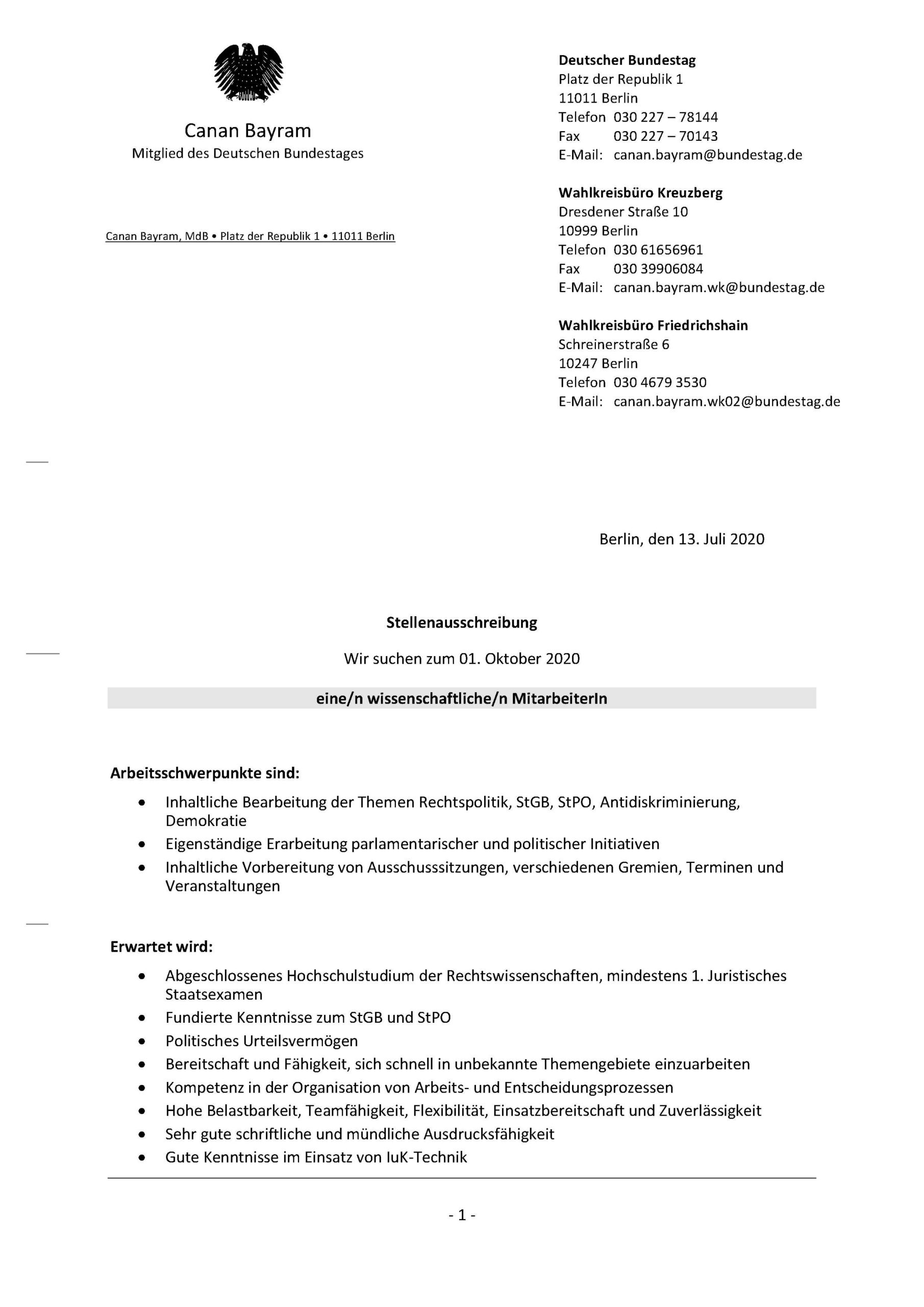 Stellenausschreibung WiMi Bundestagsbüro